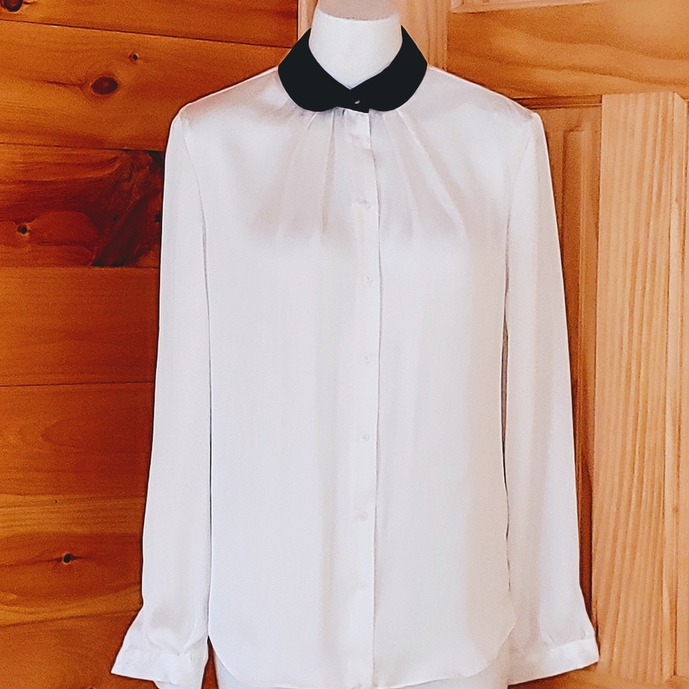 Vince Camuto Semi Sheer Satin Pleated Button Down